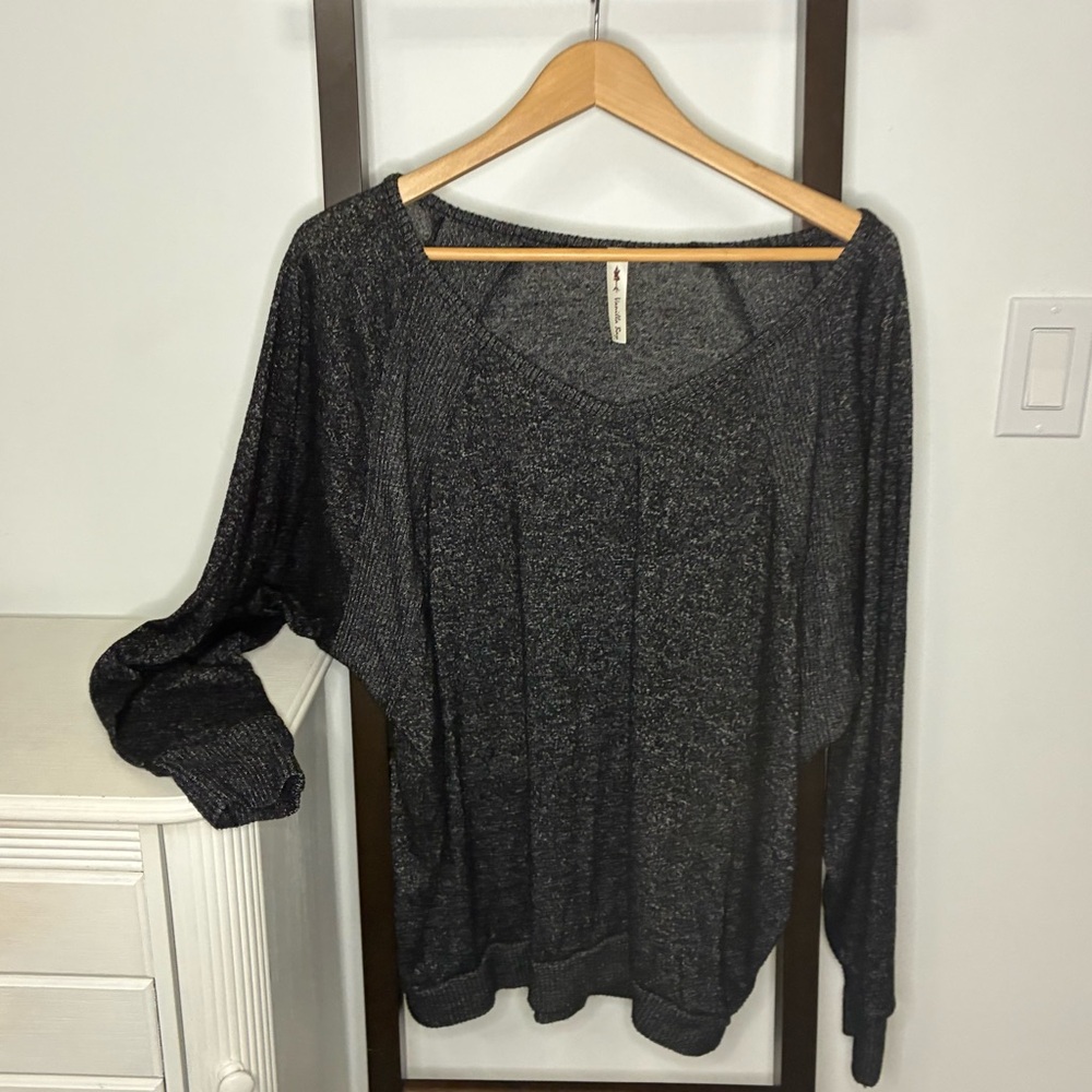 Charcoal grey women’s top. Stretchy. Flattering. V neck. Cozy. Vanilla Sky